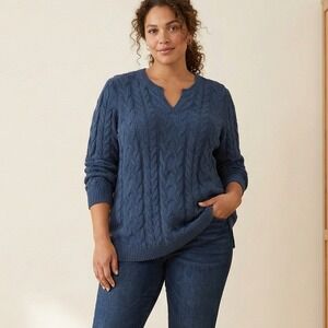 J. Jill Sweater Womens Plus Size 2X Navy Blue Chenille Cable Knit V Neck Preppy